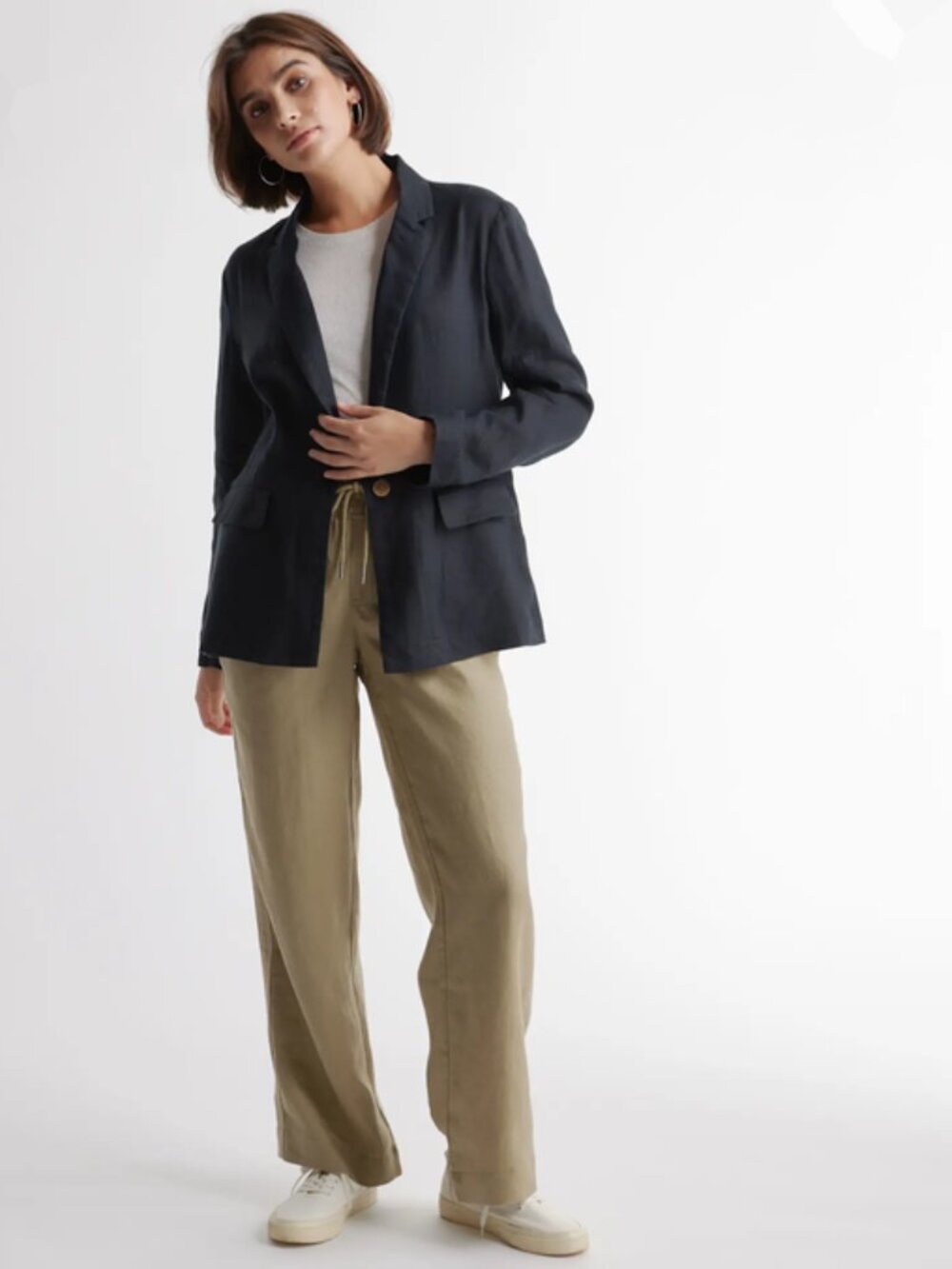 QUINCE 100% European Linen Blazer Flax Single Breasted Breathable Boho Black L